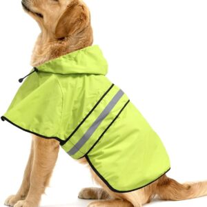 Ezierfy Waterproof Reflective Dog Raincoat- Adjustable Pet Jacket, Lightweight Dog Hooded Slicker Poncho for Small to X- Large Dogs (Neon Green, Large)