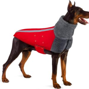 SlowTon Winter Dog Coat, Warm Polar Fleece Lining Doggie Outdoor Jacket with Turtleneck Scarf Reflective Stripe Adjustable Waterproof Windproof Puppy Vest Soft Pet Outfits (Red,XL)