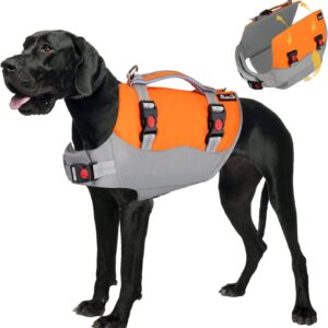 SlowTon Dog Life Jacket, Reflective Ripstop Adjustable Dog Life Vest Preserver with Rescue Handle and One Piece Belly Support Superior Buoyancy, Pet Safety Flotation Swimsuit (Orange&Grey, XL)