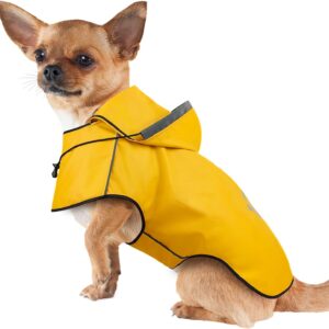Dog Rain Coats for Medium Dogs Waterproof Raincoat Lightweight Hood Doggie Rainwear, Reflective Dog Rain Jacket, Yellow Hooded Dog Raincoats with Adjustable Drawstring/Reflective Strip/Leash Hole, M