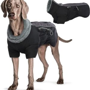 Bonaweite Warm Dog Coat, Waterproof Dog Winter Jacket for Large Medium Small Dogs, Dog Fleece Vest Dog Snowsuit Dog Cold Weather Coat, Doggy Sweater Hoddies Apparel Dog Coat with Harness Built in