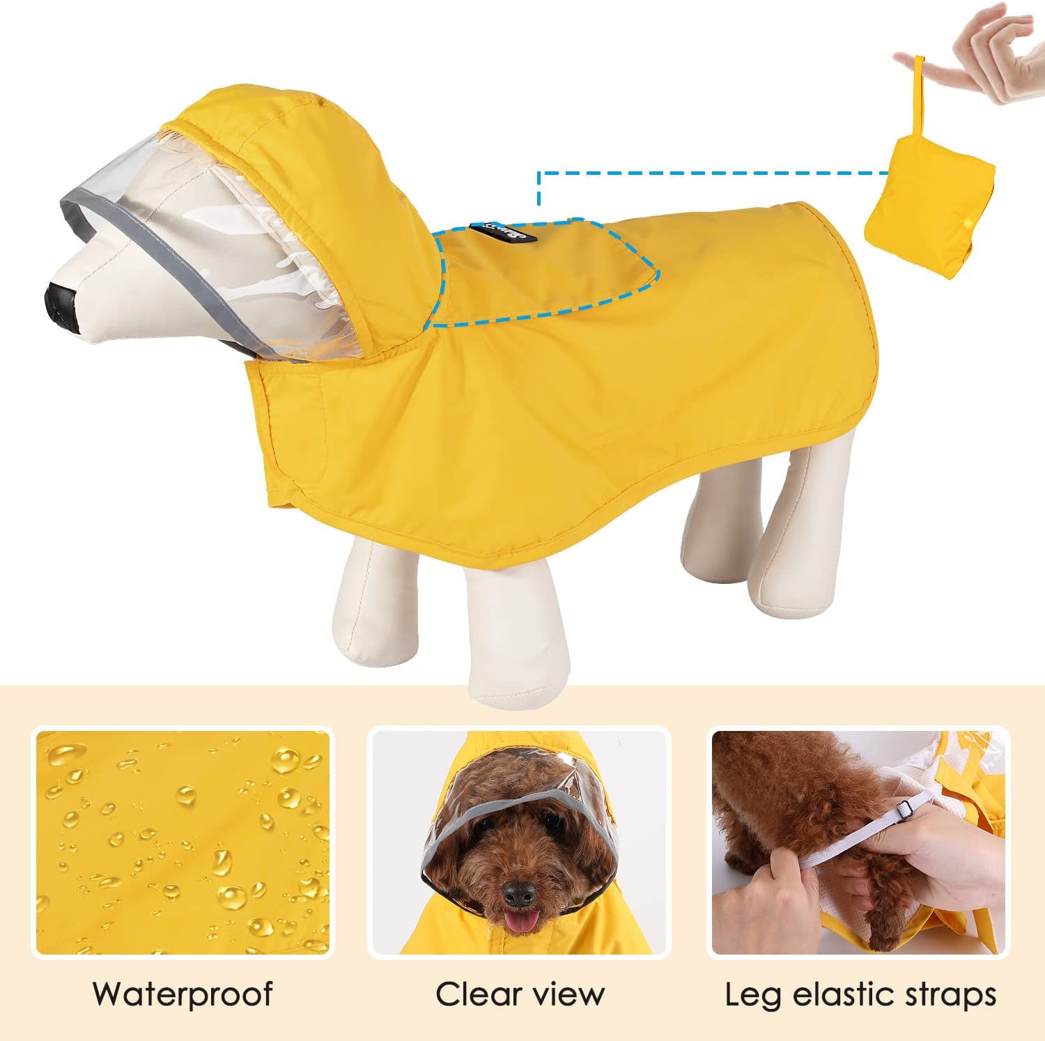 AUTOWT Waterproof Dog Raincoat, Clear Hooded Double Layer Dogs Rain Jacket for Small Medium Large Dogs, Dog Poncho with Reflective Strip Adjustable Velcro Straps and Storage Pocket - Image 5