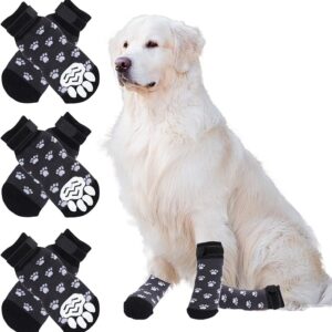 Dog Socks, Anti-Slip Pet Paw Protector with Straps, Traction Control for Indoor Hardwood Floors 3 Pairs Black (S)