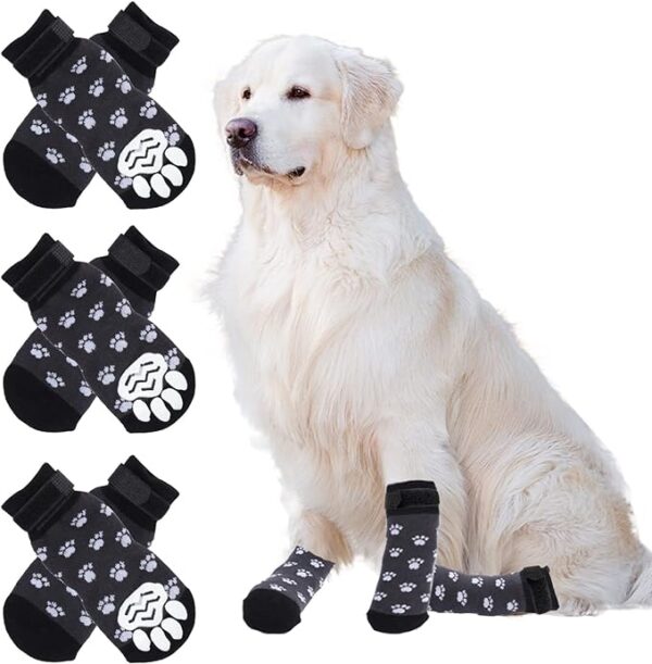 Dog Socks, Anti-Slip Pet Paw Protector with Straps, Traction Control for Indoor Hardwood Floors 3 Pairs Black (S)