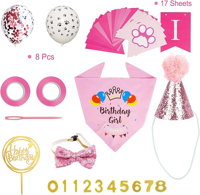 Dog Birthday Bandana Girl, VIPITH Cute Dog Birthday Party Supplies with Happy Birthday Banner Bow Tie Hat Banner Balloons Cake Topper for Pet Puppy Cat Birthday Decorations (Pink/Girl) - Image 2