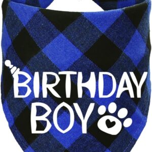 STMK Dog Birthday Bandana, Dog Birthday Boy Bandana Plaid Triangle Scarf for Dog Puppy Birthday (Blue)