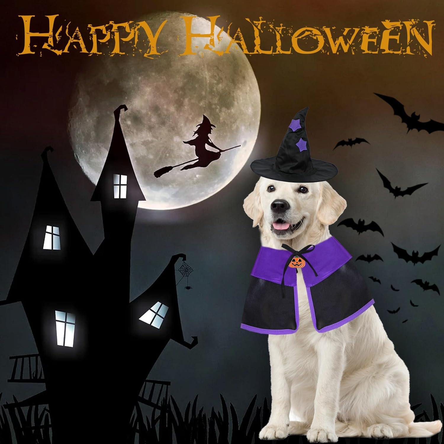 GOYOSWA Dog Halloween Costumes, Dog Witch Costume Halloween Dog Witch Cloak Cape Wizard Hat Halloween Costumes for Small Medium Large Dogs Pets(Dog Witch Costume, Large) - Image 6