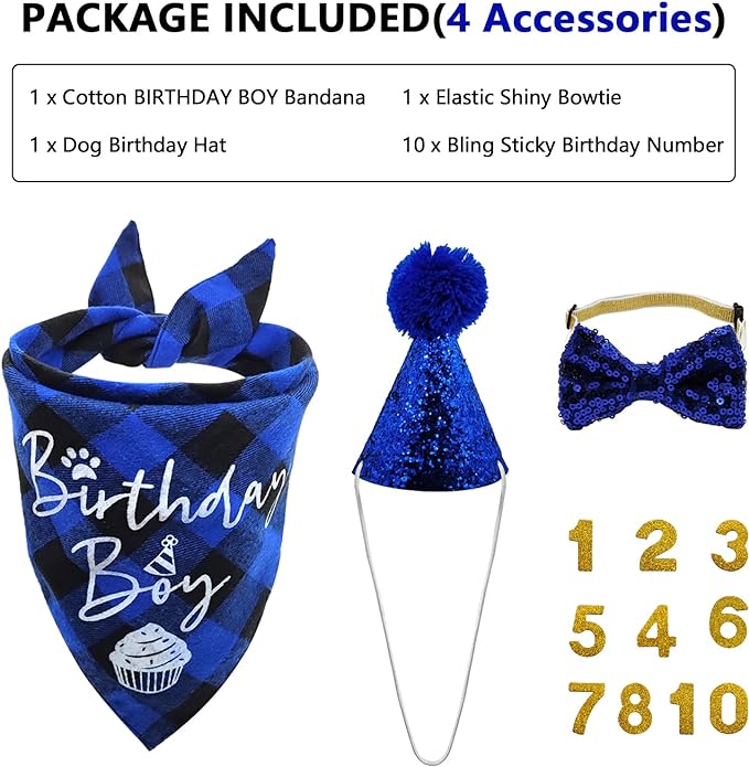 Dog Birthday Party Supplies, LMSHOWOWO Reusable Boy Dog Birthday Bandana Scarf Set, Cute Dog Birthday Hat with Number Bowtie Tie Collar for Small Medium Large Dog Pet (Blue) - Image 3