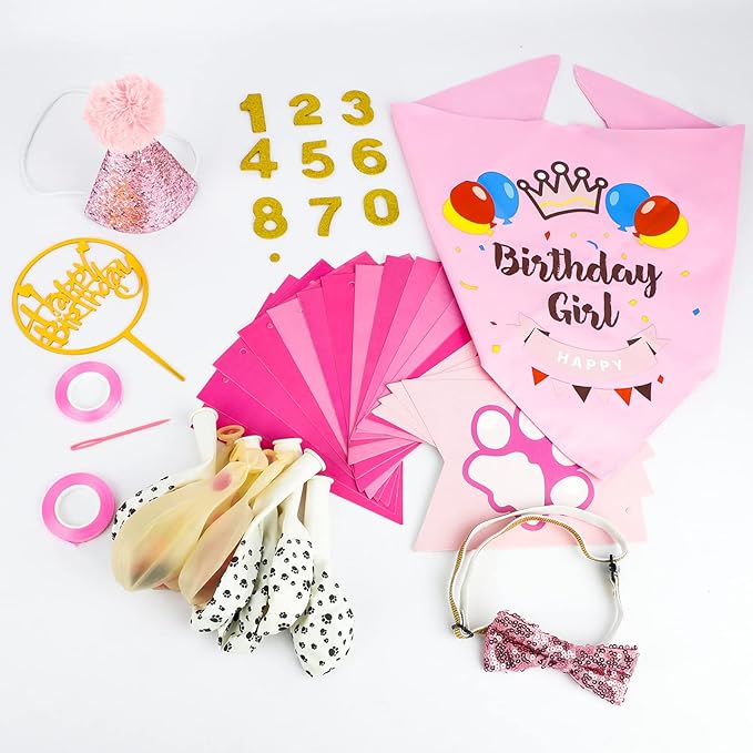 Dog Birthday Bandana Girl, VIPITH Cute Dog Birthday Party Supplies with Happy Birthday Banner Bow Tie Hat Banner Balloons Cake Topper for Pet Puppy Cat Birthday Decorations (Pink/Girl) - Image 7