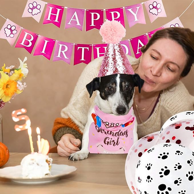 Dog Birthday Bandana Girl, VIPITH Cute Dog Birthday Party Supplies with Happy Birthday Banner Bow Tie Hat Banner Balloons Cake Topper for Pet Puppy Cat Birthday Decorations (Pink/Girl) - Image 6