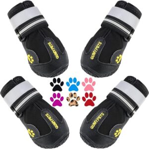QUMY Dog Boots Waterproof Shoes for Dogs with Reflective Strips Rugged Anti-Slip Sole Black 4PCS (Size 7: 3.2"x2.8"(L*W), Black)