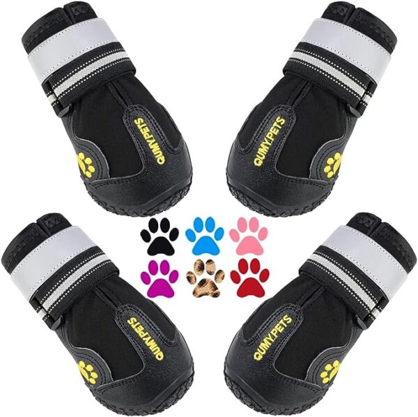 QUMY Dog Boots Waterproof Shoes for Dogs with Reflective Strips Rugged Anti-Slip Sole Black 4PCS (Size 7: 3.2"x2.8"(L*W), Black)