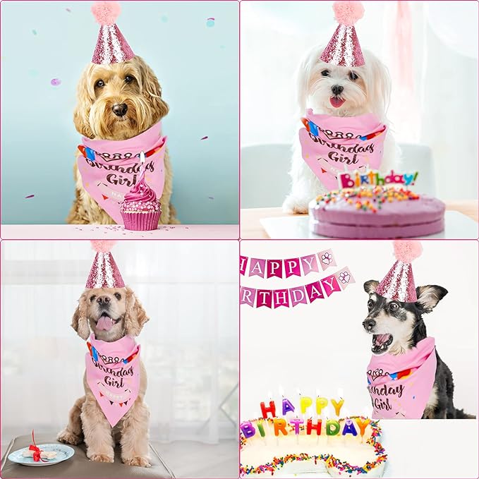 Dog Birthday Bandana Girl, VIPITH Cute Dog Birthday Party Supplies with Happy Birthday Banner Bow Tie Hat Banner Balloons Cake Topper for Pet Puppy Cat Birthday Decorations (Pink/Girl) - Image 5