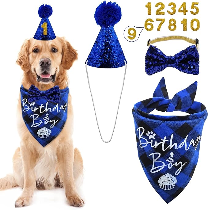 Dog Birthday Party Supplies, LMSHOWOWO Reusable Boy Dog Birthday Bandana Scarf Set, Cute Dog Birthday Hat with Number Bowtie Tie Collar for Small Medium Large Dog Pet (Blue)