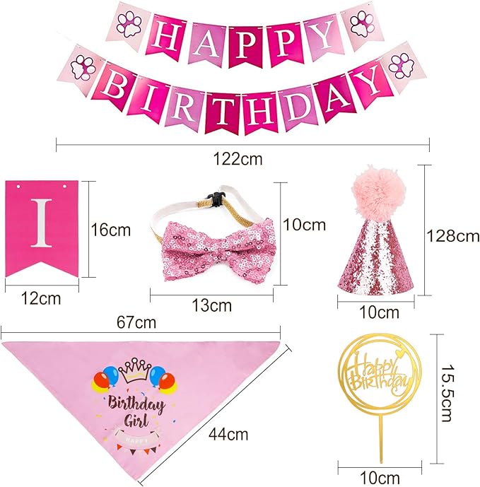 Dog Birthday Bandana Girl, VIPITH Cute Dog Birthday Party Supplies with Happy Birthday Banner Bow Tie Hat Banner Balloons Cake Topper for Pet Puppy Cat Birthday Decorations (Pink/Girl) - Image 3