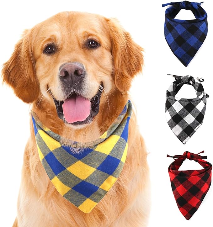 SLSON 4 Pack Dog Bandana, Plaid Printing Triangle Bibs Reversible Cotton Washable Scarfs for Pet Dog and Cat