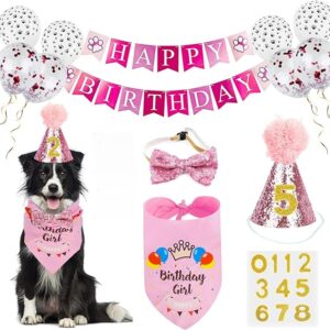 Dog Birthday Bandana Girl, VIPITH Cute Dog Birthday Party Supplies with Happy Birthday Banner Bow Tie Hat Banner Balloons Cake Topper for Pet Puppy Cat Birthday Decorations (Pink/Girl)