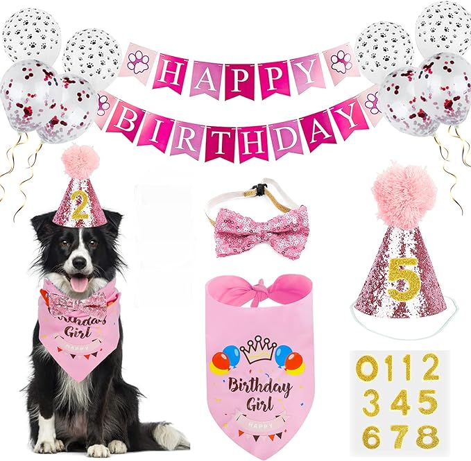 Dog Birthday Bandana Girl, VIPITH Cute Dog Birthday Party Supplies with Happy Birthday Banner Bow Tie Hat Banner Balloons Cake Topper for Pet Puppy Cat Birthday Decorations (Pink/Girl)
