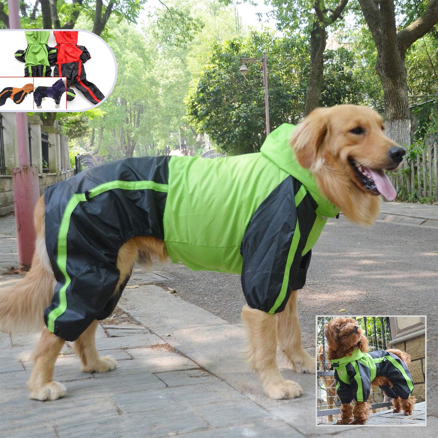Lovelonglong Alaska Dog Hooded Raincoat, Golden Retriever Rain Jacket Poncho Waterproof Clothes with Hood Breathable 4 Feet Four Legs Rain Coats for Large Huge Dogs Green L-XL+