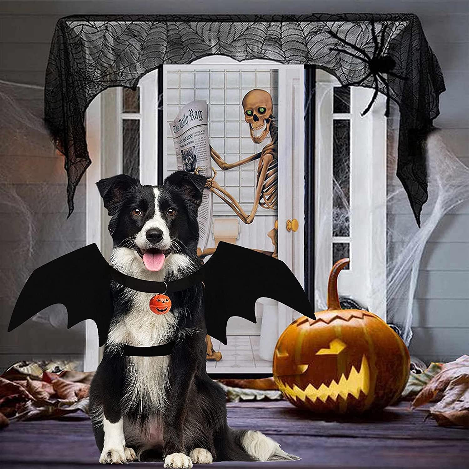 Bowtus Halloween Dog Bat Wings Pet Costume with Pumpkin Bells for Halloween Party Decorations, Cute Puppy Dog and Cat Collar Bat Wings Cosplay Party Dress Up Funny Cool Appare(Large) - Image 2