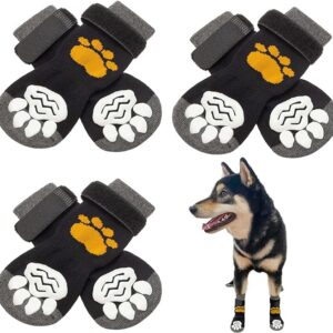 SCIROKKO 3 Pairs Anti-Slip Dog Socks - Adjustable Pet Non-Slip Paw Protection with Golden Paw Pattern for Puppy Doggy Indoor Traction Control Wear on Floor