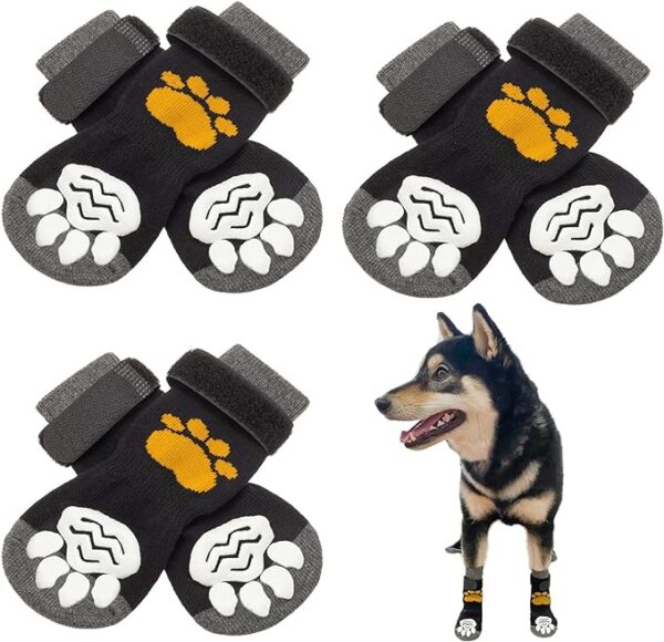 SCIROKKO 3 Pairs Anti-Slip Dog Socks - Adjustable Pet Non-Slip Paw Protection with Golden Paw Pattern for Puppy Doggy Indoor Traction Control Wear on Floor