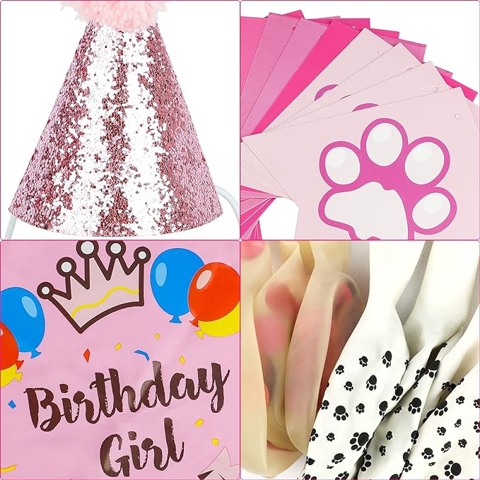 Dog Birthday Bandana Girl, VIPITH Cute Dog Birthday Party Supplies with Happy Birthday Banner Bow Tie Hat Banner Balloons Cake Topper for Pet Puppy Cat Birthday Decorations (Pink/Girl) - Image 4