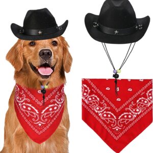 GOYOSWA Dog Halloween Costumes, Dog Cowboy Costume Halloween Dog Cowboy Hat Halloween Dog Bandana Scarf Funny Dog Halloween Costumes for Small Medium Large Dogs Pets (Brown Hat & Red Bandana, Small)
